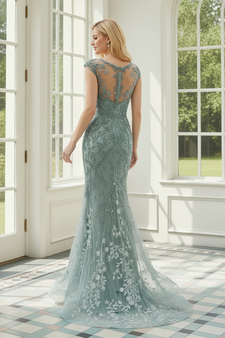 Beaded Floral Lace Trumpet Gown with Cap Sleeves