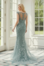 Beaded Floral Lace Trumpet Gown with Cap Sleeves