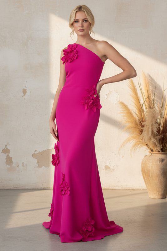 Fuchsia One-Shoulder 3D Floral Trumpet Evening Gown