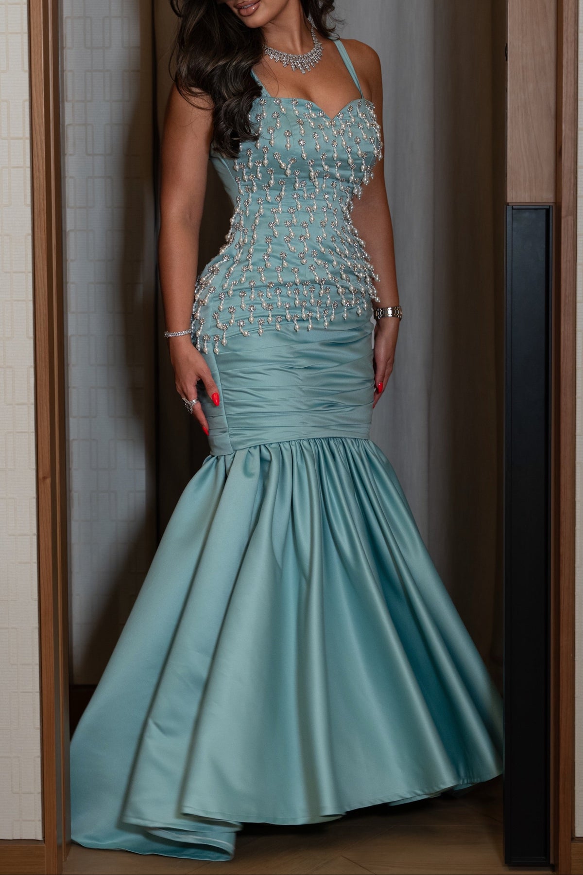 Beaded Pearl Fringe Mermaid Evening Gown