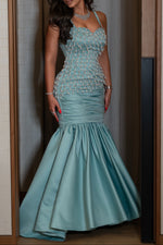 Beaded Pearl Fringe Mermaid Evening Gown