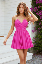 Strapless Sweetheart Pleated Chiffon Mini Dress