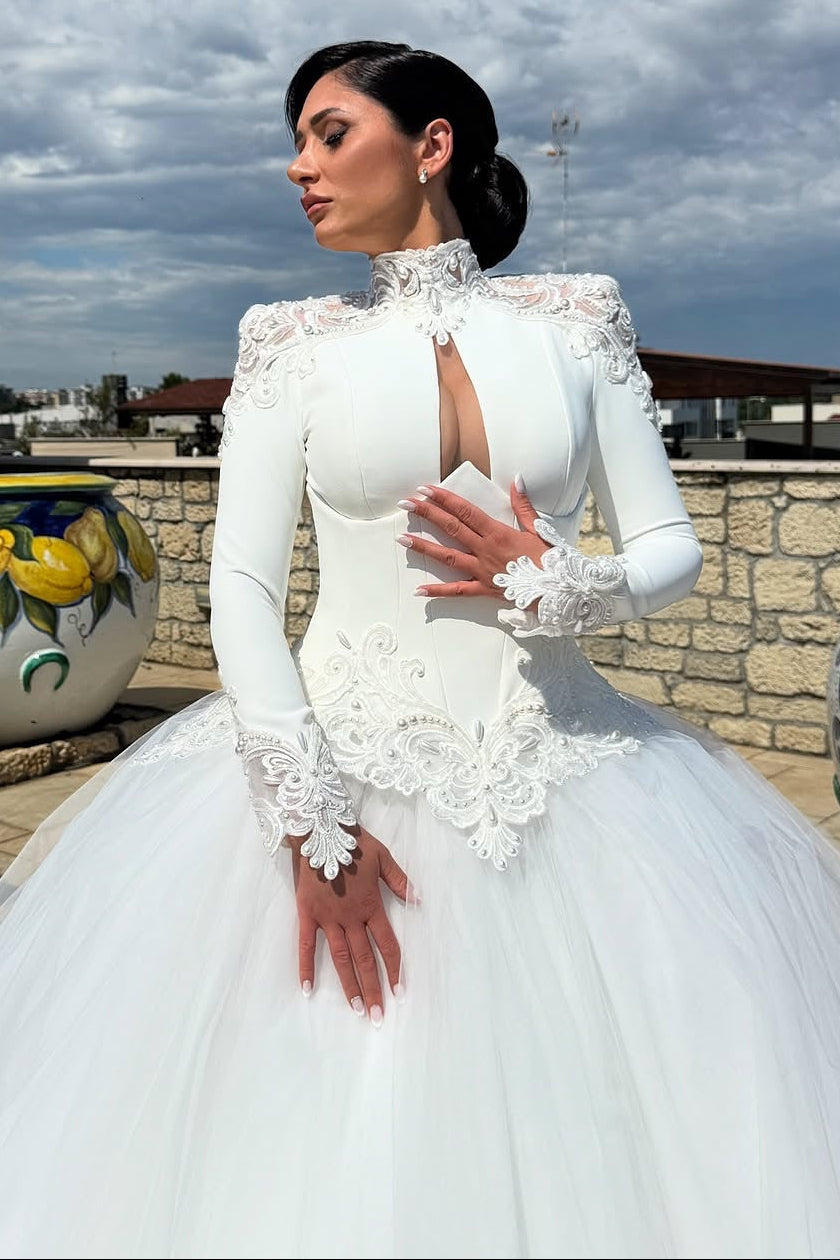 High Neck Lace Long Sleeve Ball Gown Wedding Dress