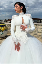 High Neck Lace Long Sleeve Ball Gown Wedding Dress