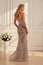 Strapless Folded Bodice Embroidered Trumpet Gown