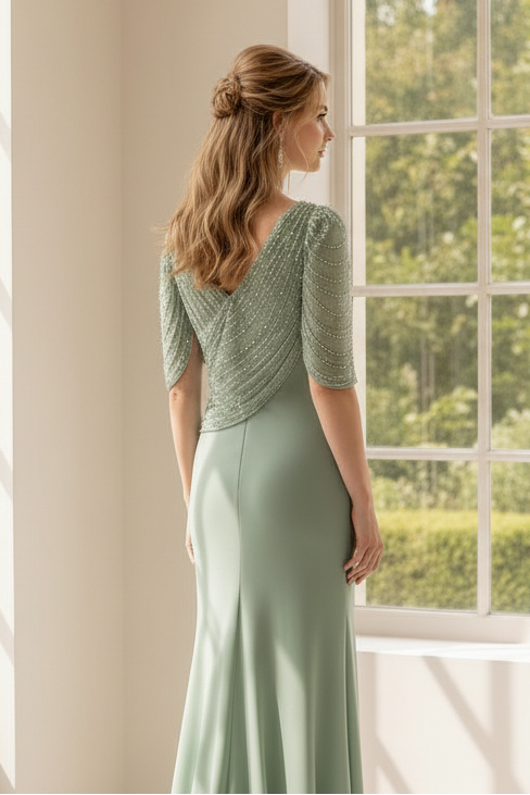 Embellished Flutter Sleeve V-Neck Gown