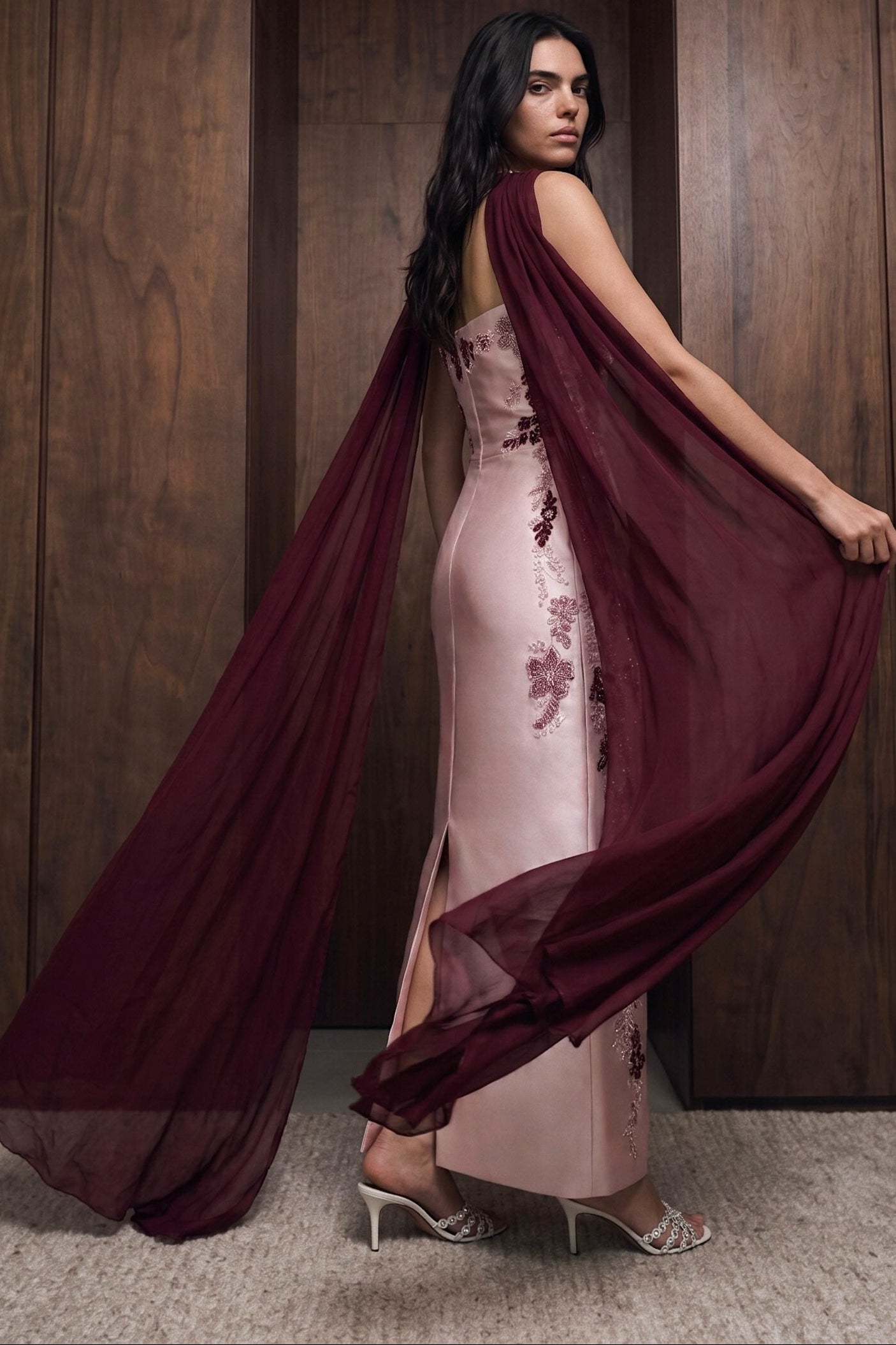 Embroidered Column Gown with Crisscross Cape