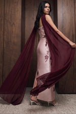 Embroidered Column Gown with Crisscross Cape
