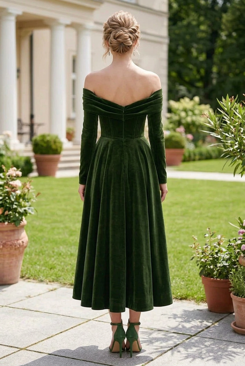 Off-the-Shoulder Velvet A-Line Midi Dress