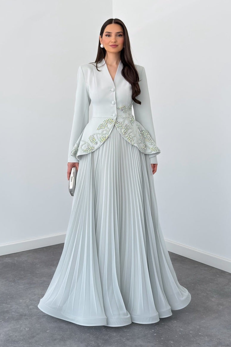 Long Sleeve Embellished Peplum Jacket & Pleated Skirt Set