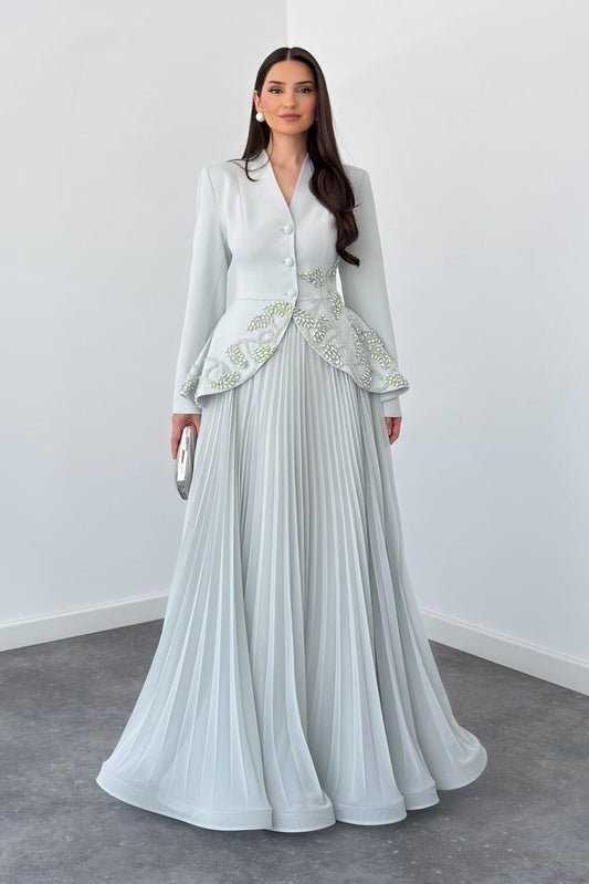 Long Sleeve Embellished Peplum Jacket & Pleated Skirt Set