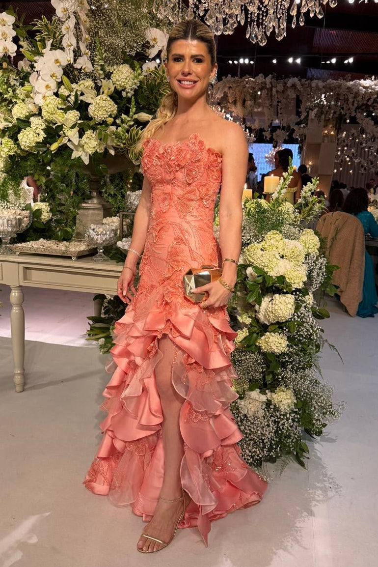 Strapless 3D Floral Tiered Ruffle Evening Gown