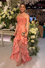Strapless 3D Floral Tiered Ruffle Evening Gown