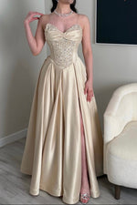Beaded Corset Evening Gown with Front Slit