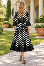 Polka Dot Midi Dress with Bow Belt & Cuffed Sleeves