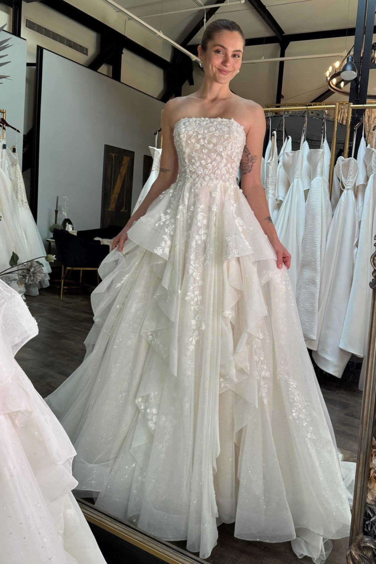 Strapless Floral Lace Tiered Ball Gown Wedding Dress