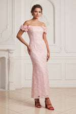 Off-the-Shoulder 3D Floral Sequin Column Dress