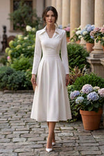 Collared Long Sleeve Pleated Midi Dress