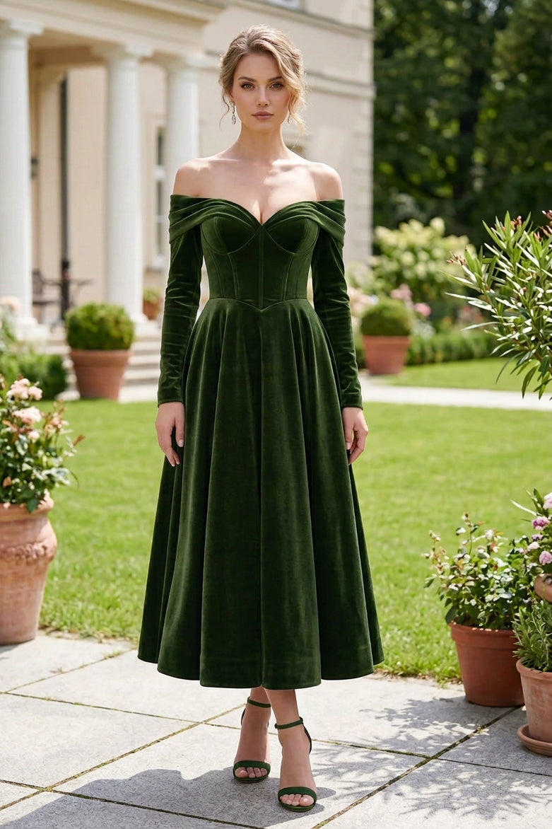 Off-the-Shoulder Velvet A-Line Midi Dress