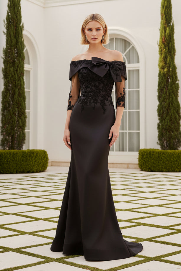 Off-the-Shoulder Bow Bodice Beaded Lace Gown