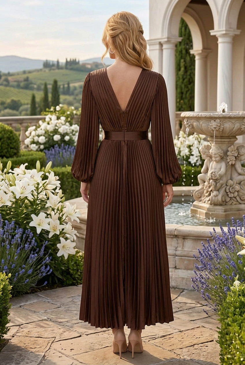 Pleated Plunge Maxi Dress with Long Sleeves