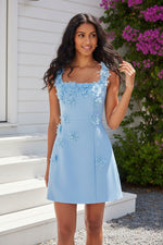 3D Floral Applique Square Neck Mini Dress