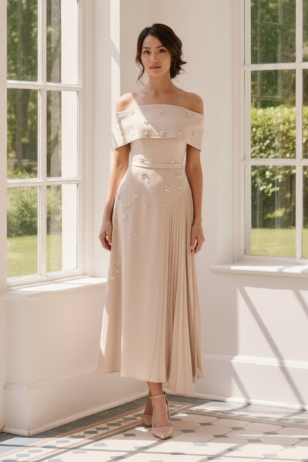Off the Shoulder Pearl Embellished Midi Dress