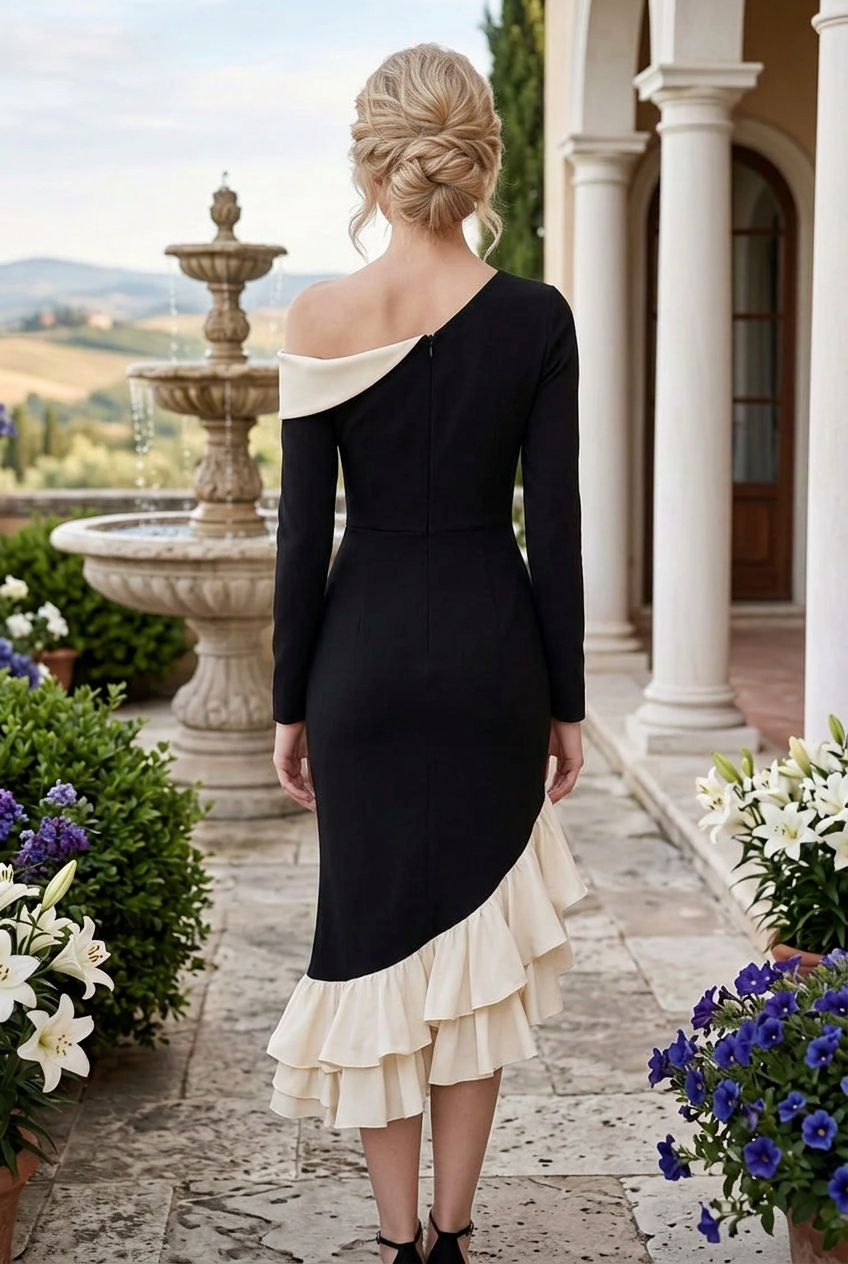 Asymmetric Ruffle Hem Midi Dress