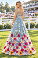 Floral Embroidered V-Neck Tulle Maxi Dress