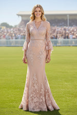 Lace Bell Sleeve Mermaid Evening Gown