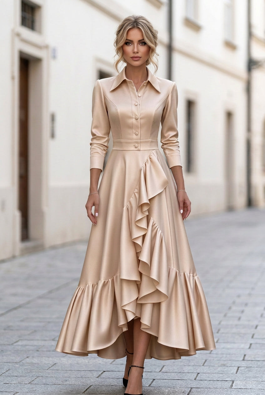Collared High-Low Ruffle Maxi Shirt Dress