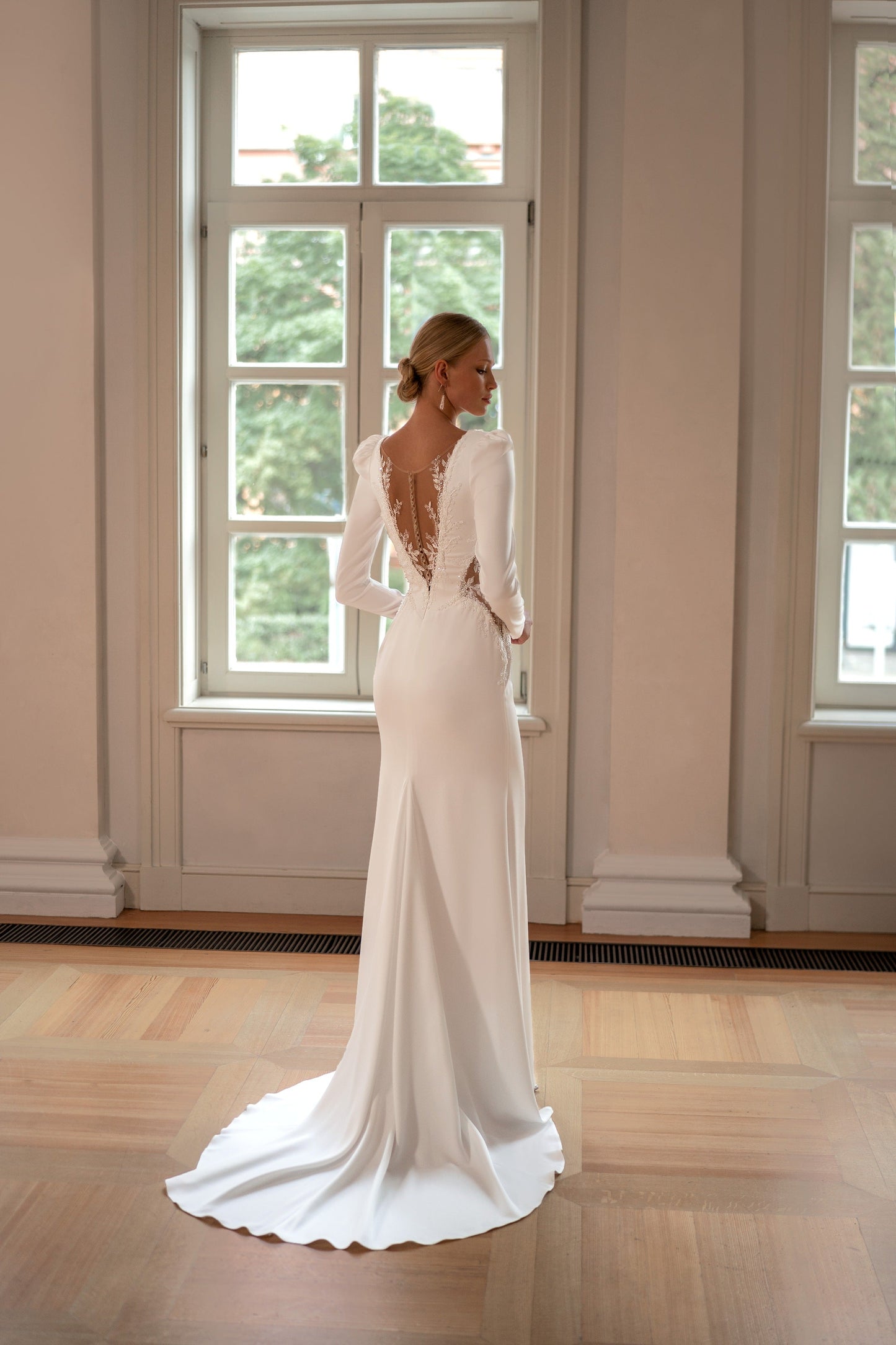 Long Sleeve Crepe Fit and Flare Wedding Dress