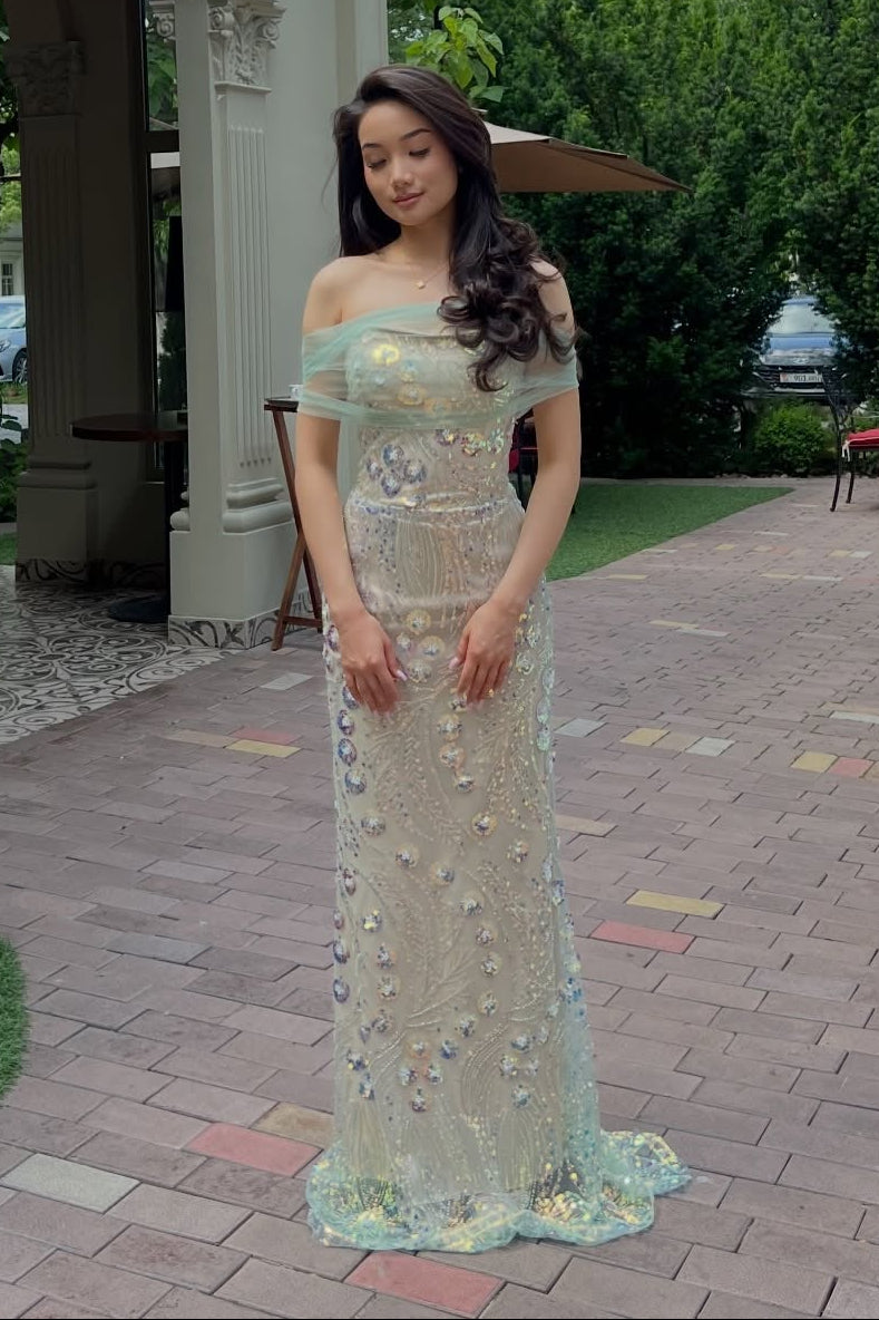Off-the-Shoulder Sequined Tulle Column Gown