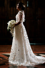 Illusion High Neck Flutter Sleeve A-Line Bridal Gown