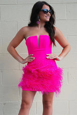 Strapless Plunging Neckline Feather Hem Mini Dress