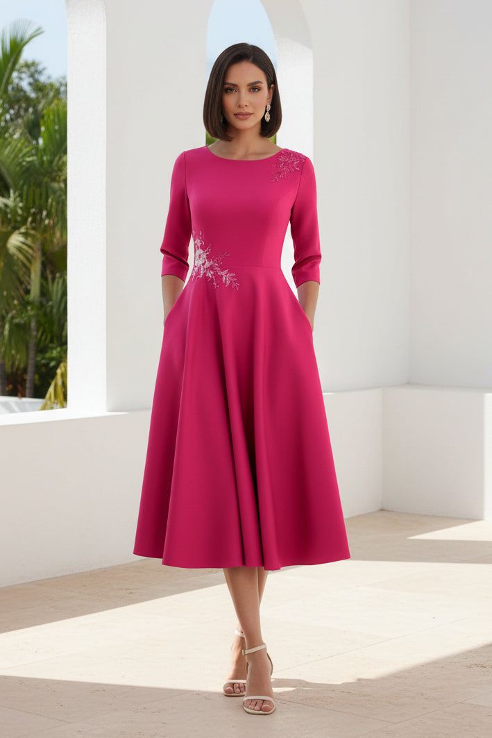 A-Line Midi Dress with 3/4 Sleeves and Pockets