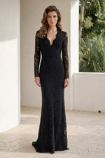 Lace Deep V-Neck Long Sleeve Evening Gown