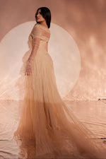 Off-the-Shoulder Ruched Tulle Evening Gown