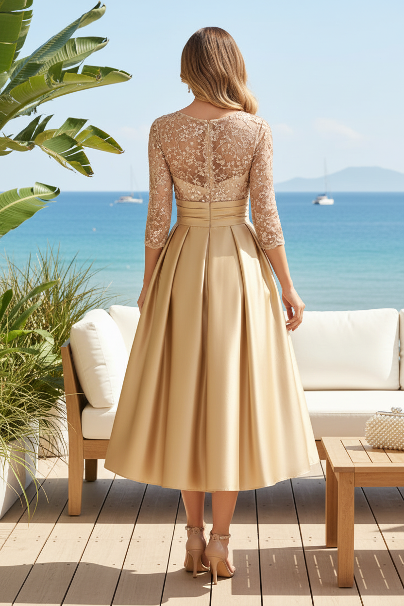 Sequin Lace Bodice A-Line Tea-Length Evening Dress