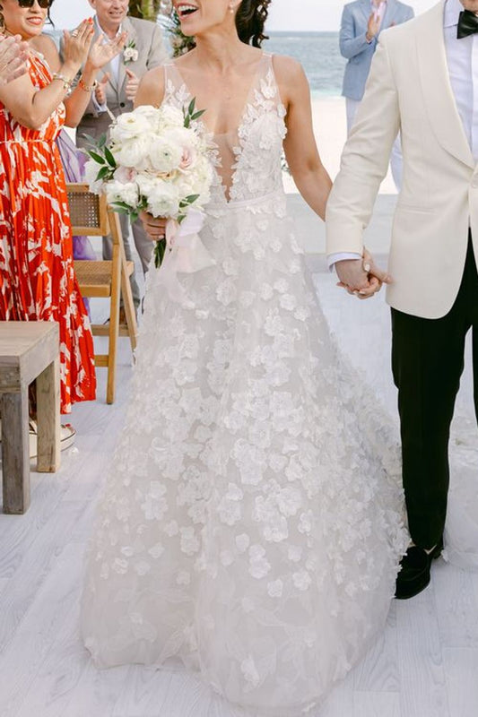 3D Floral Applique Plunging V-Neck Wedding Dress