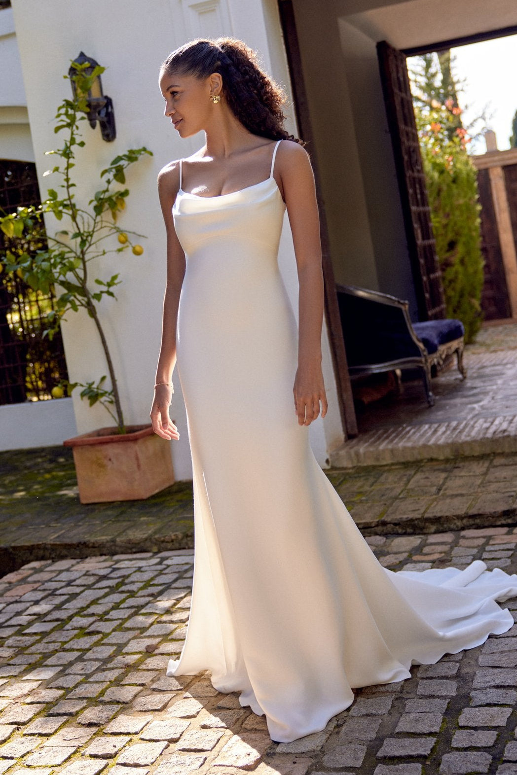Cowl Neck Lace Back Sheath Wedding Dress