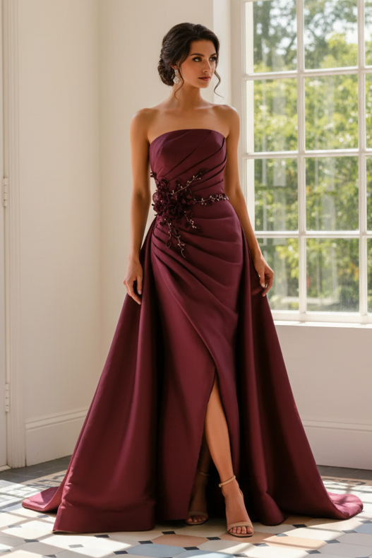 Strapless Satin Gown with Overskirt