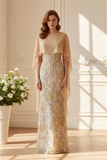 Embroidered Cape Sheath Evening Gown