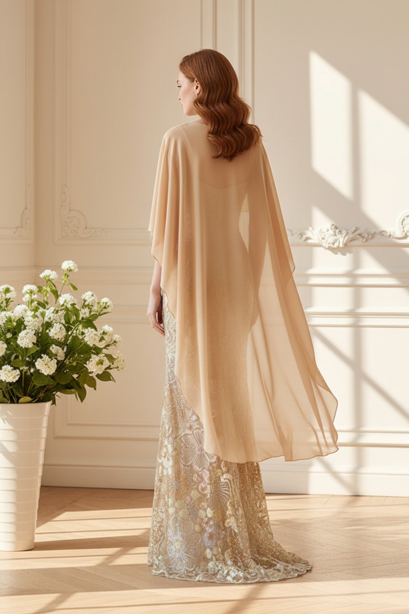 Embroidered Cape Sheath Evening Gown