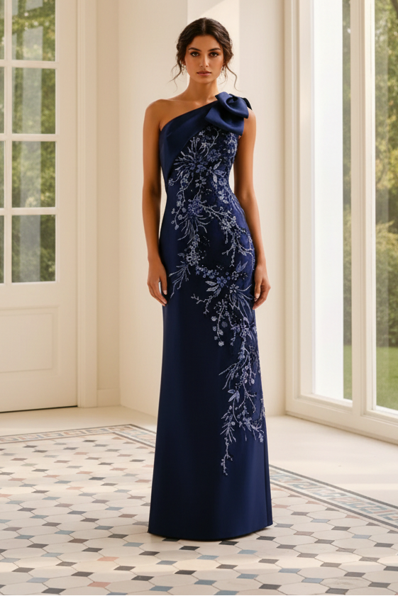 One-Shoulder Floral Appliqué Evening Gown