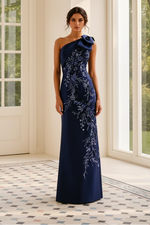 One-Shoulder Floral Appliqué Evening Gown