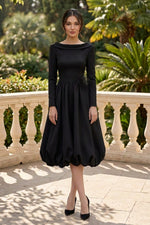 Long Sleeve Bubble Skirt Midi Dress with Feather Trim