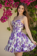 Strapless Corset Jacquard Mini Dress with Ruffled Hem