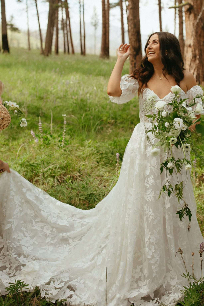 Off-the-Shoulder Floral Lace Corset Wedding Dress