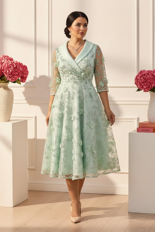 Floral Lace Fit and Flare Dress with Illusion Sleeves